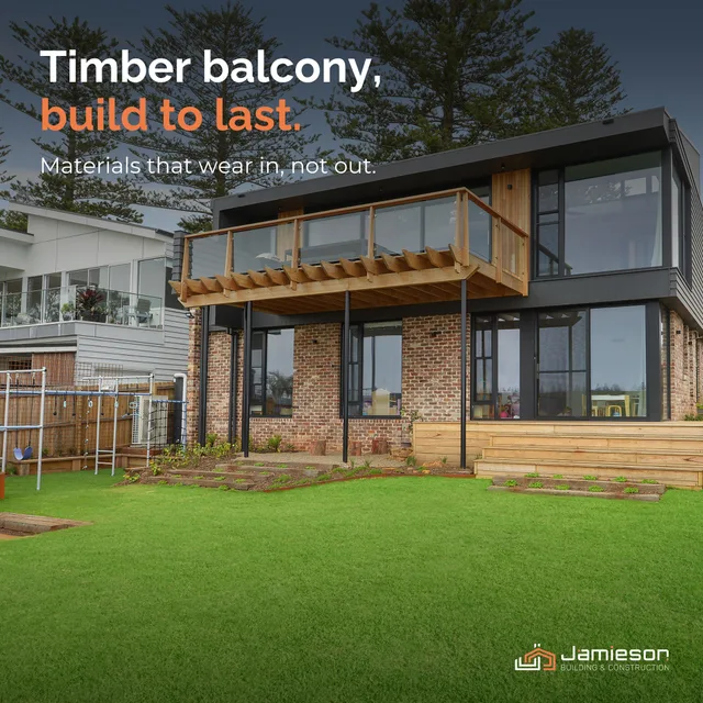 A timber balcony above a recycled brick ground floor. Card text: Timber balcony, built to last. Materials that wear in, not out.