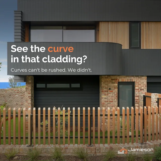 Curved dark cladding over brick, behind a timber picket fence. Card text: See the curve in that cladding? Curves can't be rushed. We didn't.