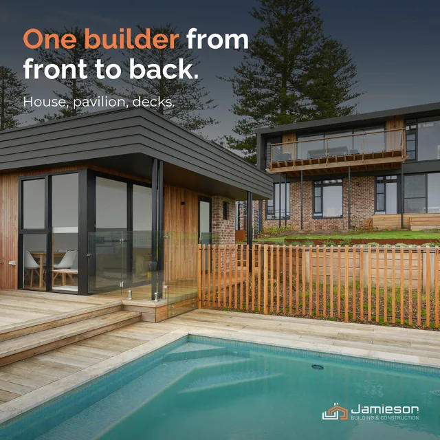 A pool pavilion with timber cladding beside the pool. Card text: One builder from front to back. House, pavilion, decks.