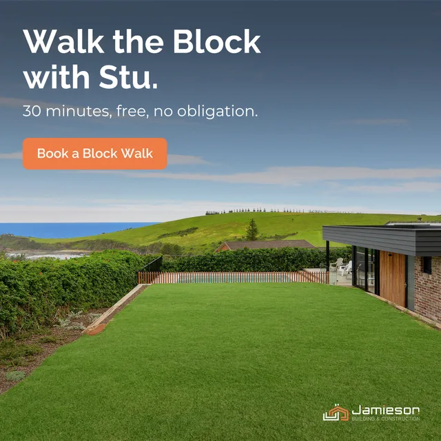 An open grassy block with the ocean behind. Card text: Walk the Block with Stu. 30 minutes, free, no obligation. Book a Block Walk.
