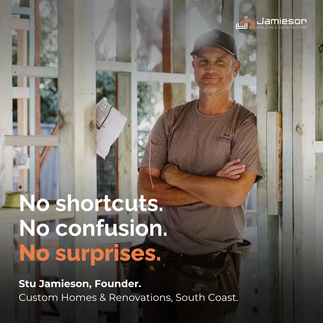 Founder Stu Jamieson standing in a timber frame. Card text: No shortcuts. No confusion. No surprises. Stu Jamieson, Founder.
