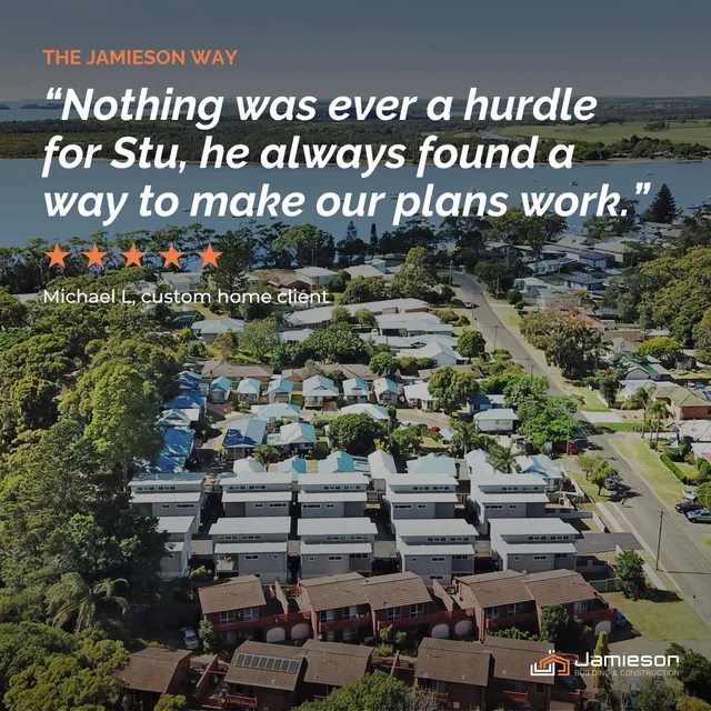 Aerial view of a suburb with a five-star client quote. Card text: Nothing was ever a hurdle for Stu, he always found a way to make our plans work. Michael L., custom home client.