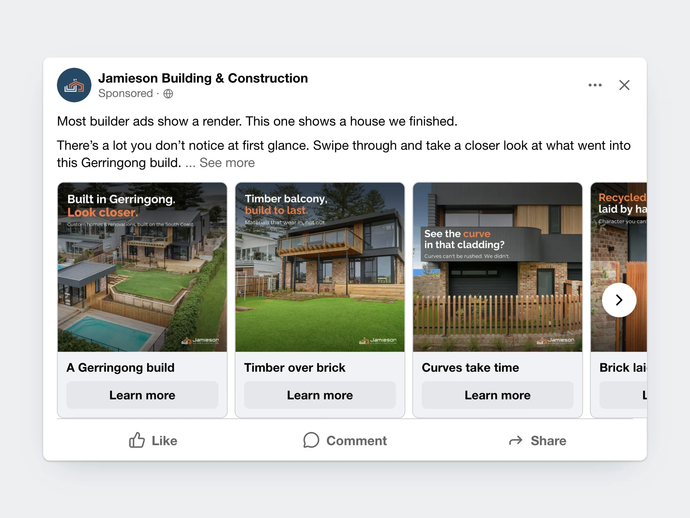 Facebook carousel ad for Jamieson Building & Construction in a desktop news feed, showing a finished custom home build card by card