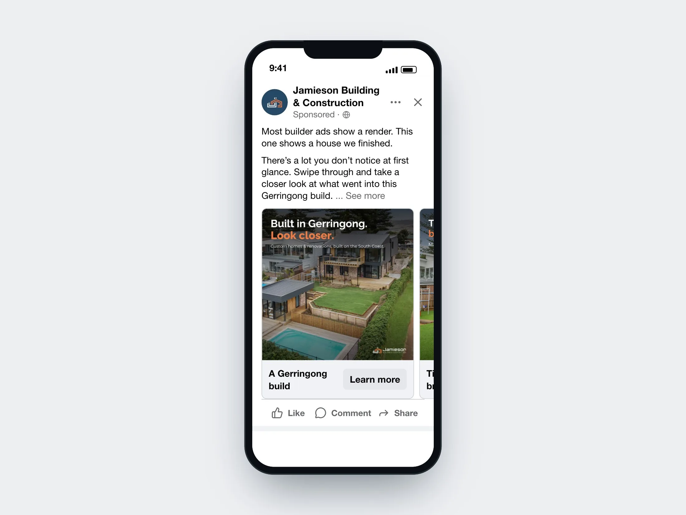 The same carousel ad in the Facebook mobile feed, opening on an aerial card of a finished home and pool