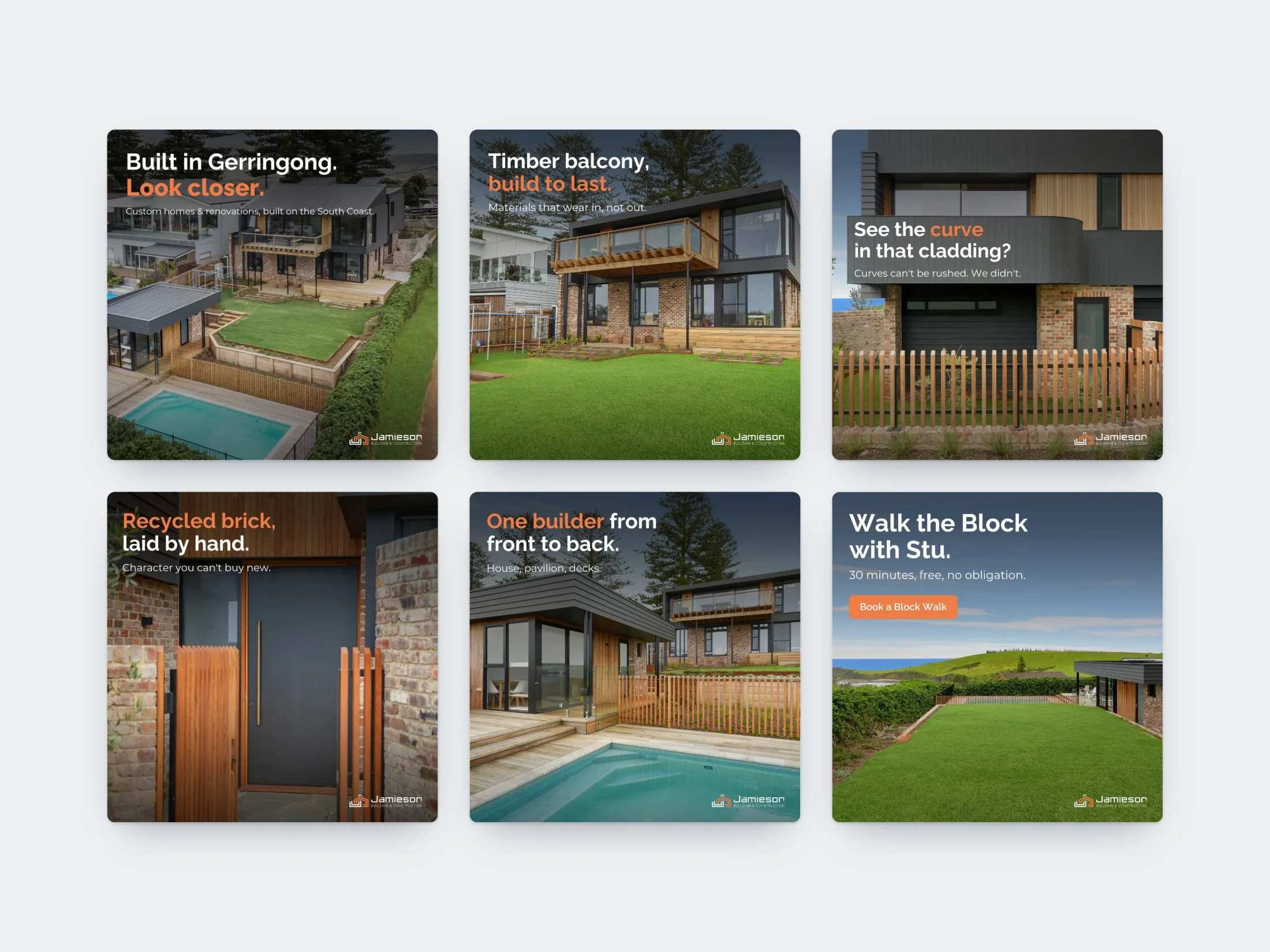 The six carousel cards in order: the finished home, timber balcony, curved cladding, hand-laid recycled brick, pool pavilion and a Block Walk offer