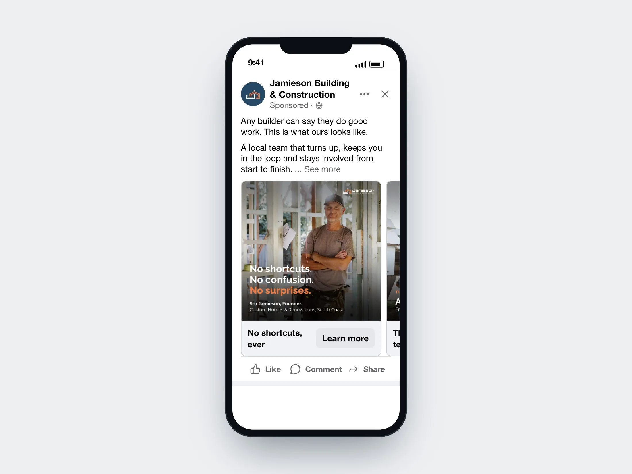 A second Facebook carousel ad in the mobile feed, opening on founder Stu Jamieson on site