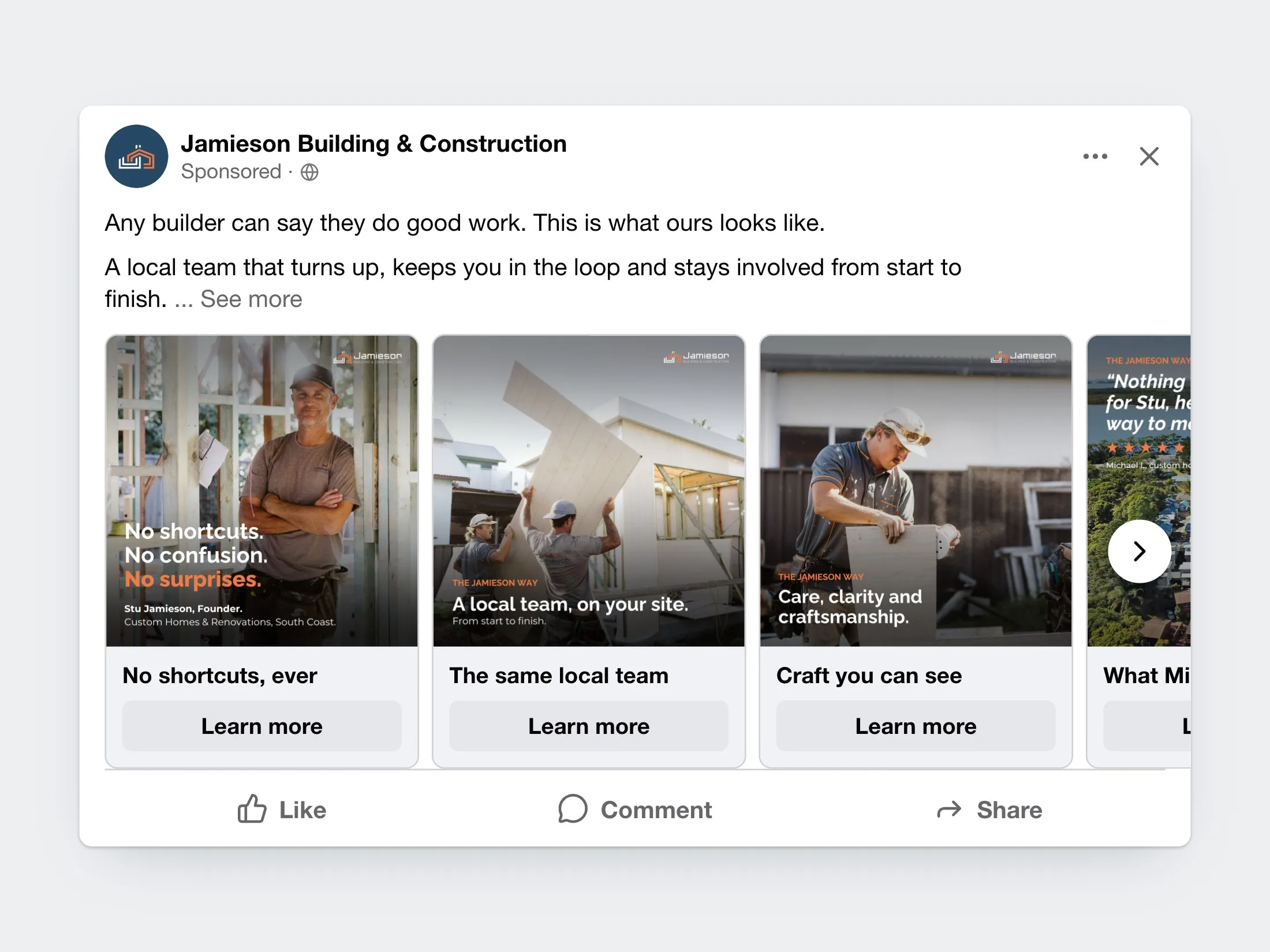 The trust carousel ad in a desktop news feed, with cards on the founder, the team on site and their craftsmanship