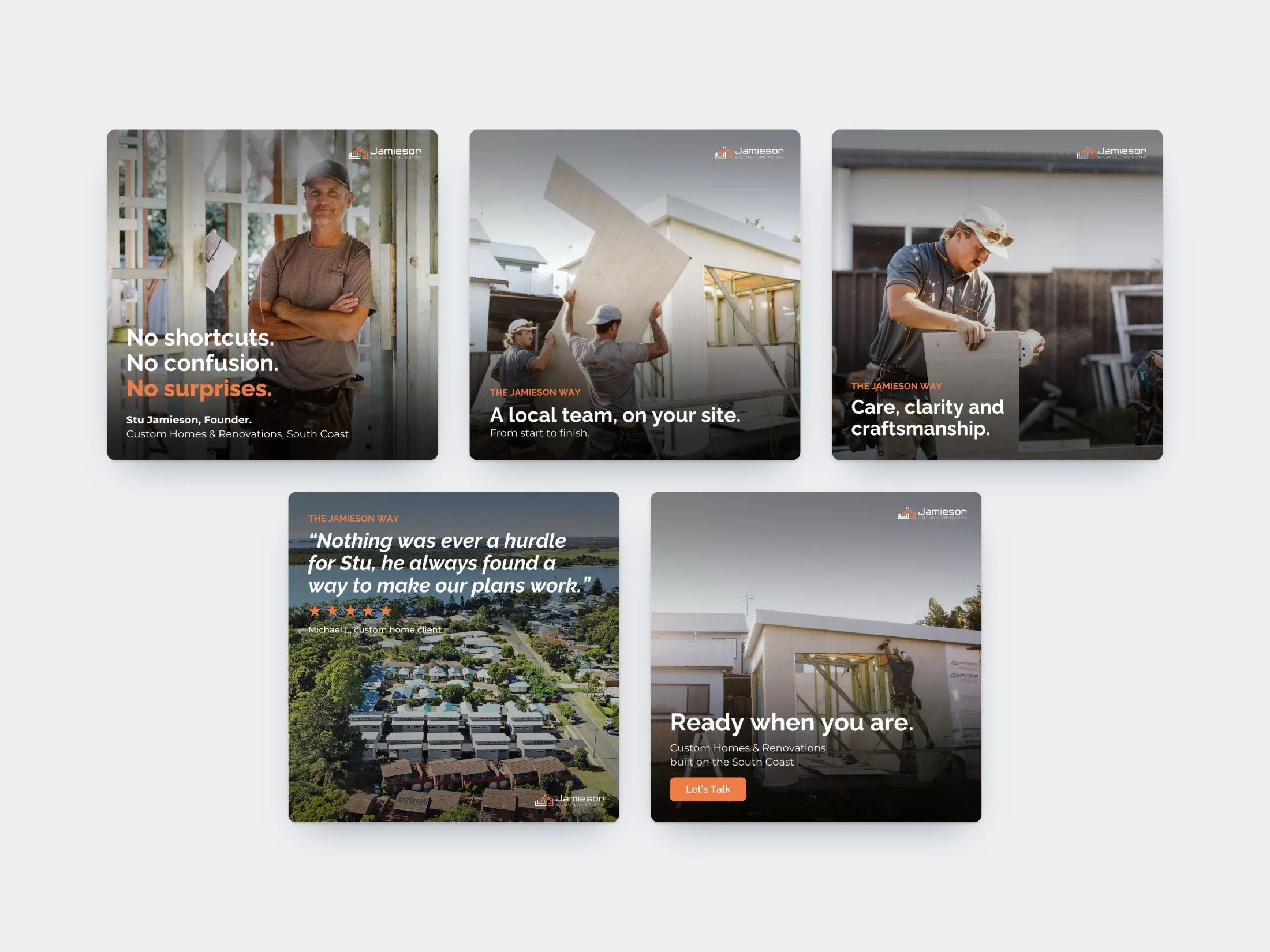 The five trust carousel cards: the founder, the local team, craftsmanship, a client testimonial and a call to talk
