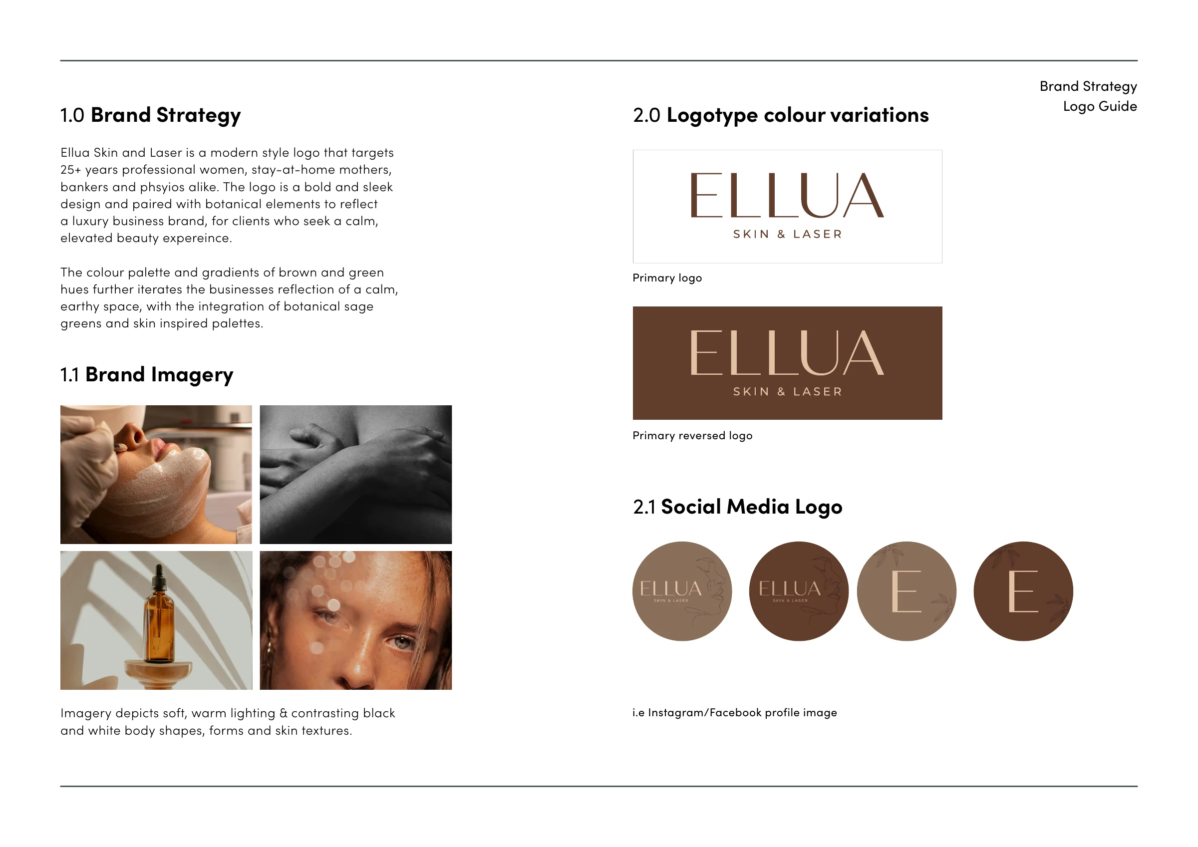 Ellua Skin & Laser branding guidelines: brand strategy, brand imagery, primary and reversed logo, and social media profile marks