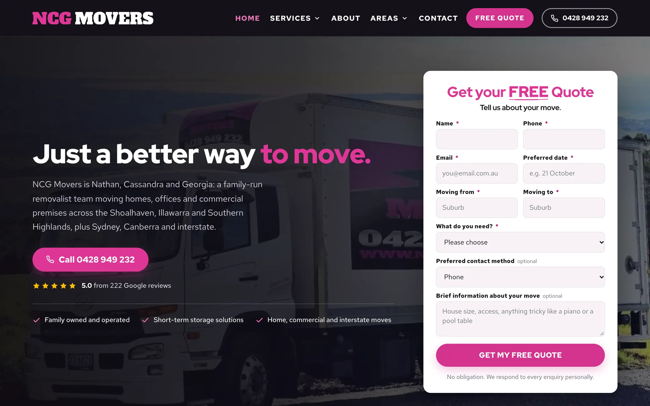 The new NCG Movers home page: the headline Just a better way to move over a photo of their own truck, a call button, and the free quote form.