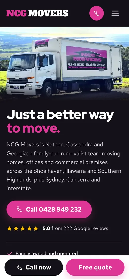The new home page on a phone: NCG's own branded truck above the headline and a call button, with Call now and Free quote buttons fixed to the bottom of the screen.
