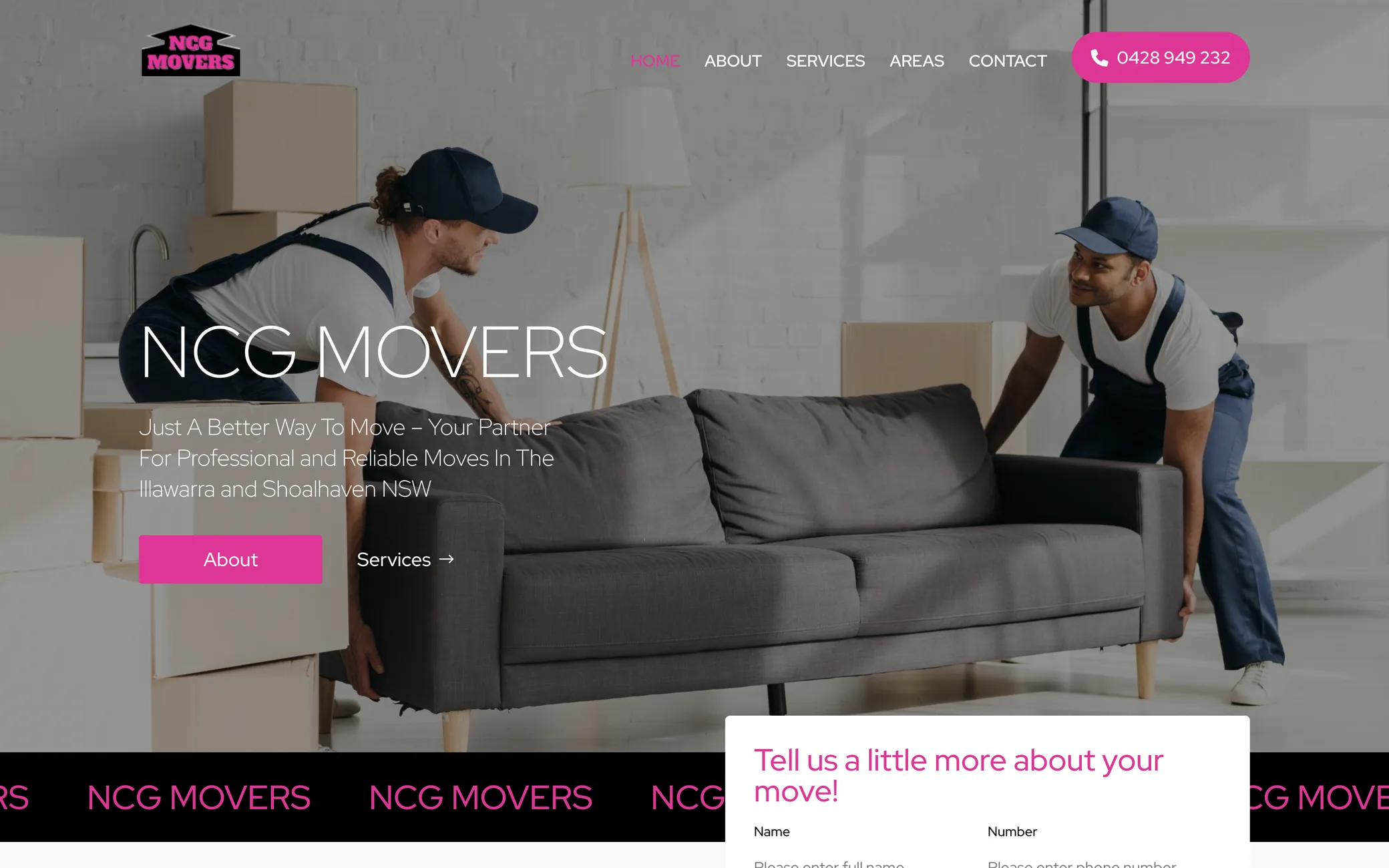 The old NCG Movers home page: a stock photo of two movers in navy overalls lifting a grey sofa, the words NCG MOVERS, and About and Services buttons.