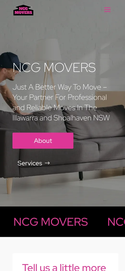 The old home page on a phone: the same stock sofa photo behind the words NCG MOVERS, with an About button.