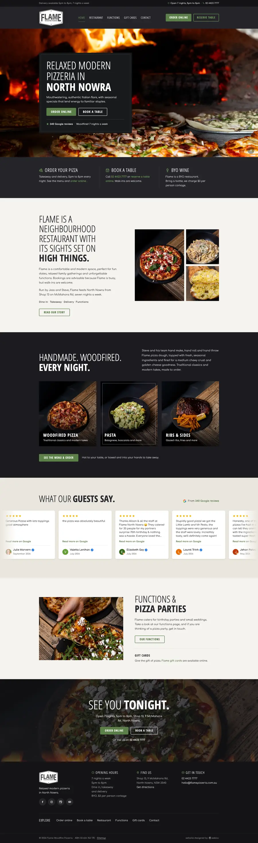 Flame Woodfire Pizza website designed and built by Webics